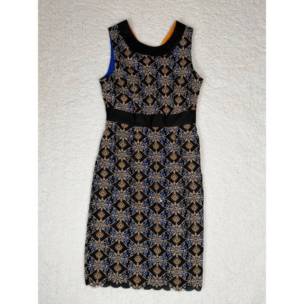 Anthropologie HD in Paris sz 4 Cutwork Column Geo Dress Black Gold Blue Lace - Picture 2 of 12